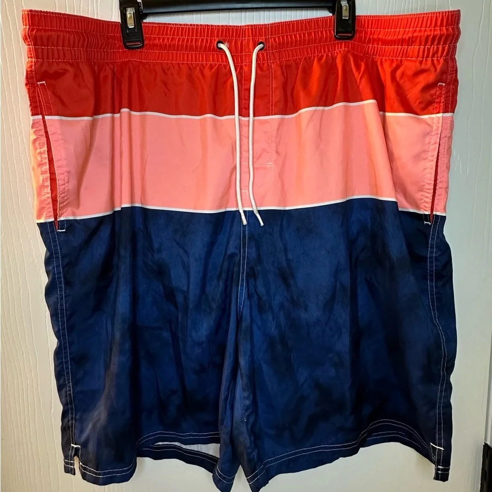 Old Navy red blue colorblock swim trunks men’s‎ XXL Inseam 8” pockets drawstring